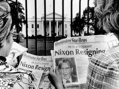 Tourists in Front of the White House Read Headlines, &#x27;Nixon Resigning,&#x27; Aug 8, 1974